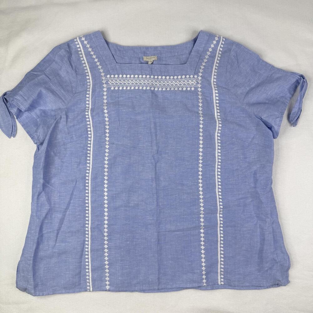 Talbots Top Womens 2X Plus Blue Linen Embroidered Square Neck Tunic Blouse - Picture 2 of 6